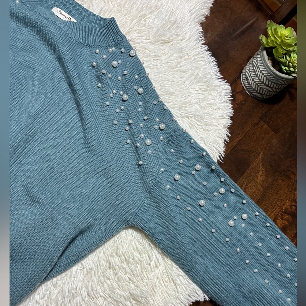 Women's Teal Pearl-Embellished Sweater - Picture 8 of 11